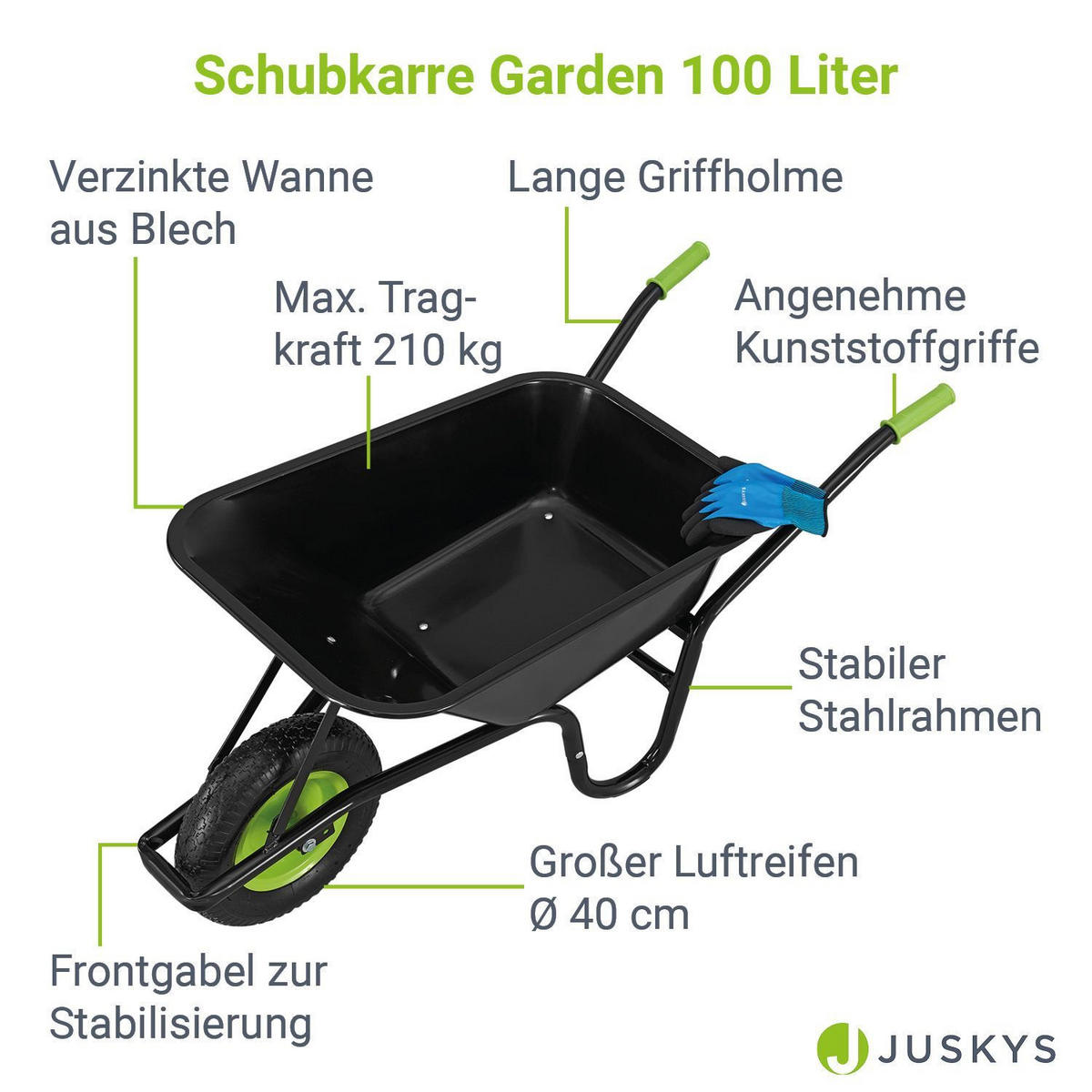 SCHUBKARRE Garden schwarz 100L mit Handschuhen - Schwarz, Metall (59/62/141cm) - Juskys