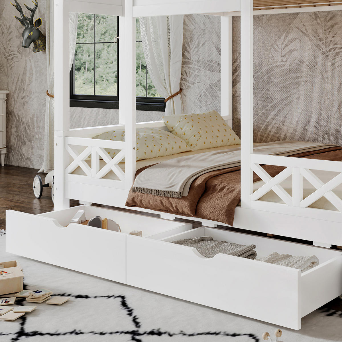 ETAGENBETT 90/200 & 140/200 cm aus Kiefer und MDF mit 2 Schubladen und Treppenschrank Weiß - Weiß, Holzwerkstoff (90/200cm) - Modenvie