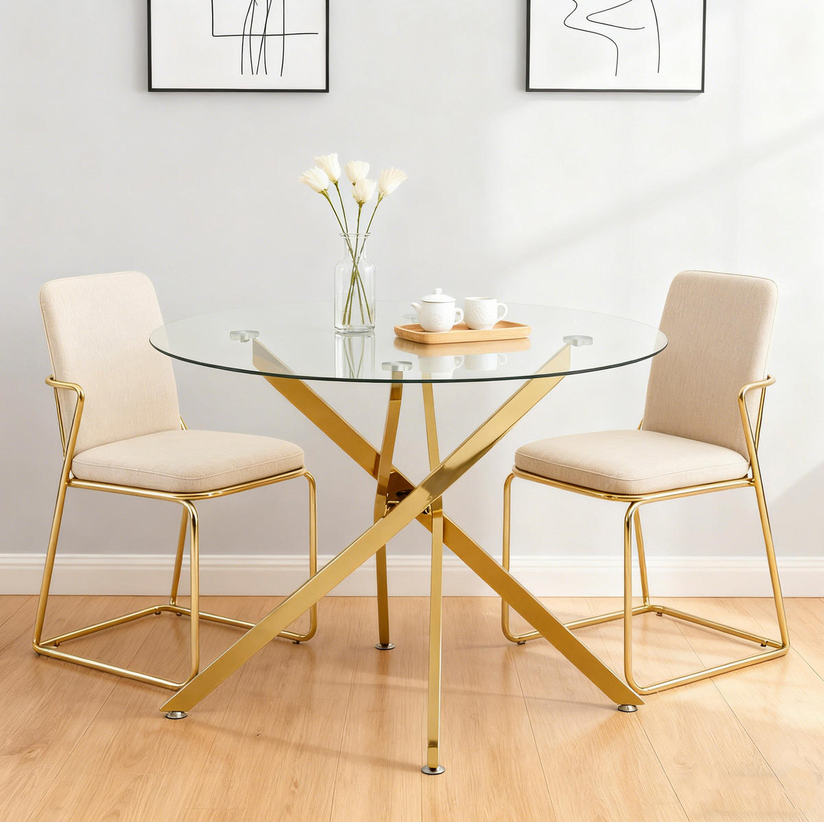 ESSTISCH 80/76/80 cm Gold aus Glas und Metall mit Kreuzfuß - Goldfarben, Metall (80/80/76cm) - OKMYHOME