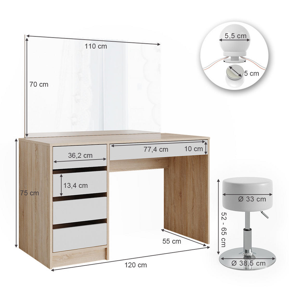 SCHMINKTISCH Sherry Weiß/Sonoma 120 cm mit LED Beleuchtung und Hocker - Weiß/Sonoma Eiche, Holzwerkstoff (120/75/55cm) - Vicco