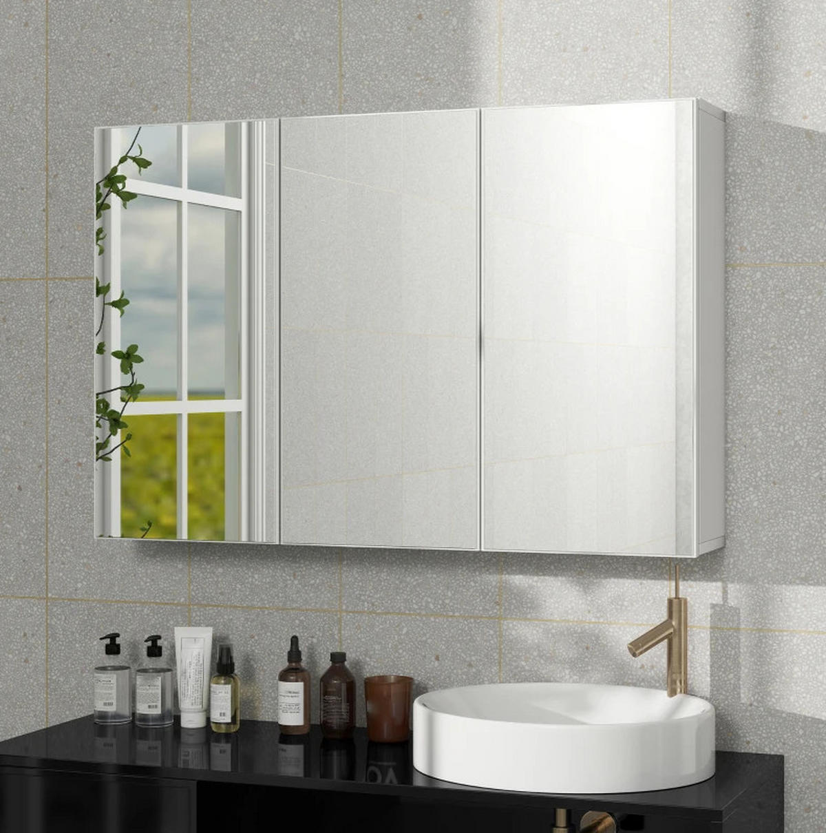 BADEZIMMER Hängeschrank 90x15.5x60 cm Weiß mit 3 Spiegeltüren & 5 Regalen - Weiß, Glas (90/60/15.5cm) - Modfu