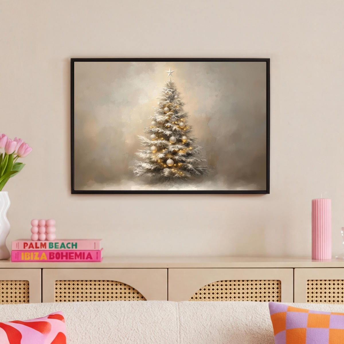 LEINWAND Bilder mit Rahmen - Weihnachten - Weihnachtsbaum - Schnee - Kunst - 60x40 - Champagner, Textil (60/40cm) - MuchoWow