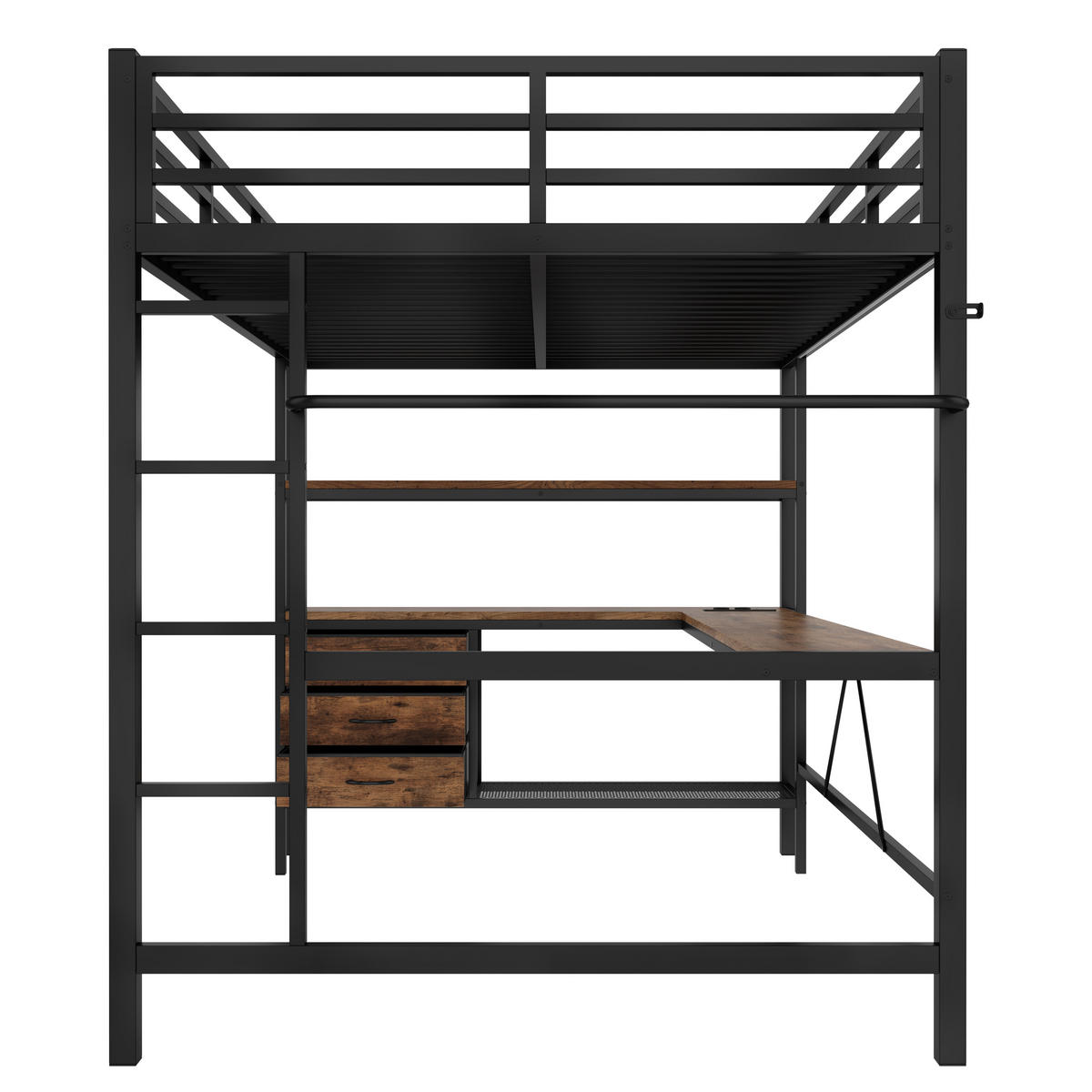 HOCHBETT 140/200 cm DE-04518, mit LED, Schreibtisch, 3 Schubladen und Regalen in Schwarz - Schwarz, Metall (140/200cm) - ComfortXL
