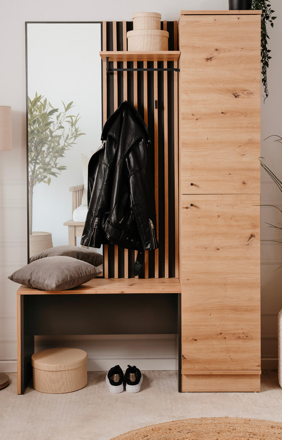 GARDEROBE Eiche Artisan, grau 122 cm, Kompaktgarderobe mit Spiegel - Anthrazit/Schwarz, Holzwerkstoff/Kunststoff (122/190/37cm) - Furn.Design