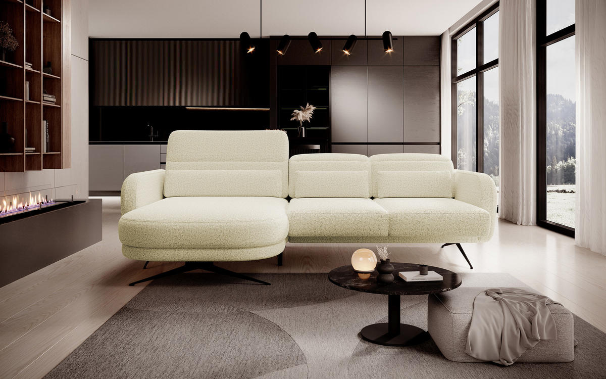 ECKSOFA BARILLO - Verstellbarer Rückenlehne, Stahlfüße, Elegante Armlehnen, Drei Rückenkissen, Freistehend, 261x170x97 cm Linke, Platin - Platinfarben, Holz/Textil (170/261cm) - DomoHome