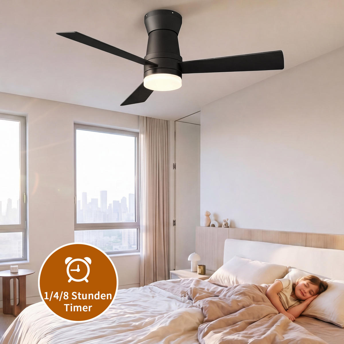 DECKENVENTILATOR mit LED-Licht, 106.6 cm, Weiß, 6 Stufen & Timer - Schwarz, Metall (106.6/106.6/29cm) - EuroLiving
