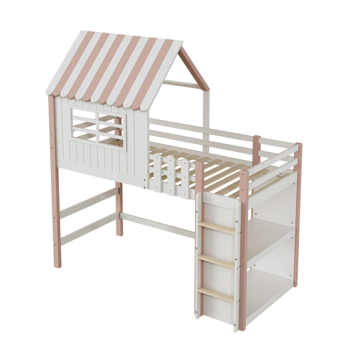 HOCHBETT 90/200 cm Rosa Hausbett mit Sicherheitsleiter und Stauraum mit Matratze - Rosa, Holzwerkstoff (90/200cm) - OKWISH