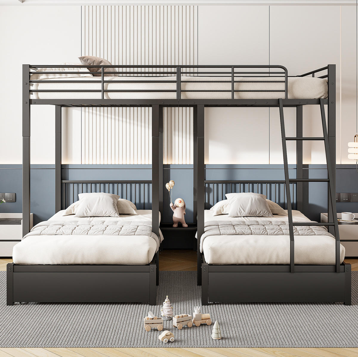 DREIFACH-ETAGENBETT aus Metall 140x200 cm und 2x 90x200 cm Schwarz mit Schubladen - Schwarz, Metall (140/200cm) - IVMEU
