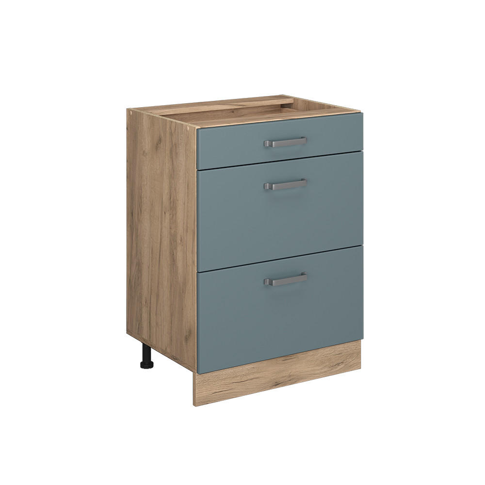 KÜCHENUNTERSCHRANK R-Line Blau-Grau 60 cm mit Schubladen, ohne AP - Honigeiche/Eiche Wotan, Holzwerkstoff (60/81.6/46cm) - Vicco