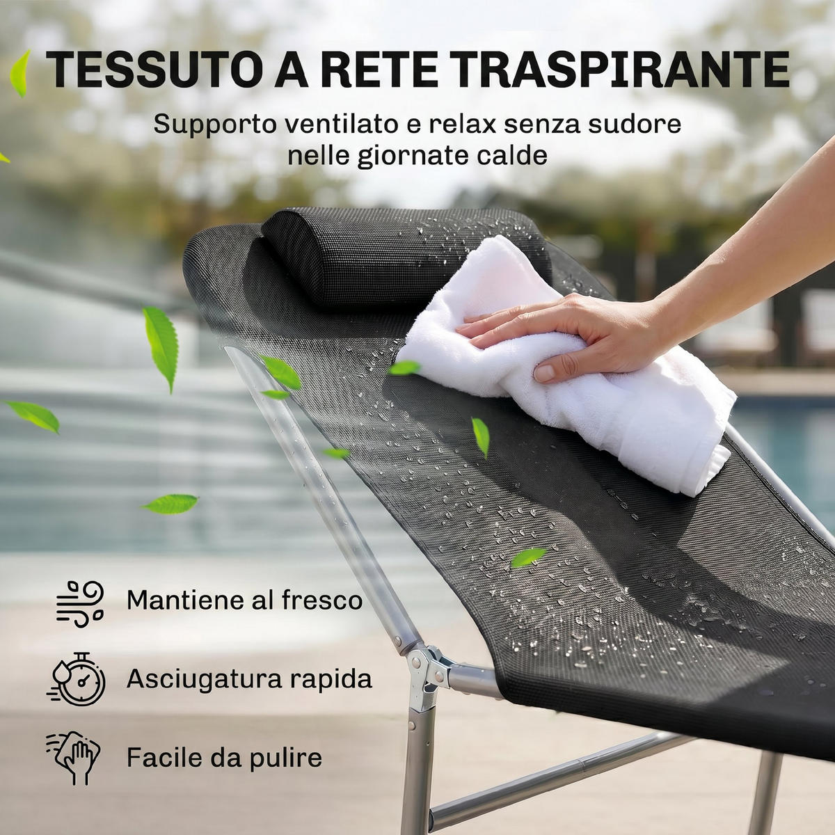 SONNENLIEGE Klappbare mit verstellbarer Rückenlehne und Kissen 182 x 56 x 24,5 cm - Schwarz, Metall (56/24.5/182cm) - Vallsero