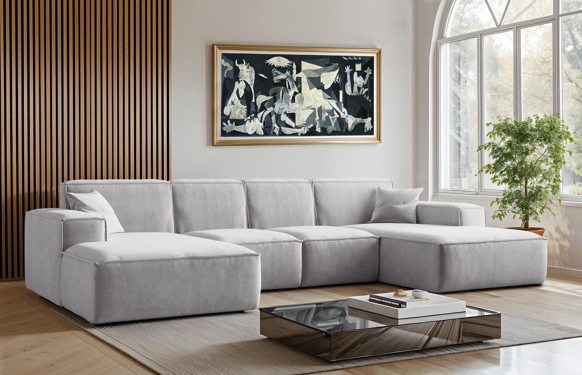 ECKSOFA U-Form Siena, U-förmiges Ecksofa, Stoff Salvador Hellgrau - Hellgrau, Holz/Textil (344/165cm) - Kaiser Möbel