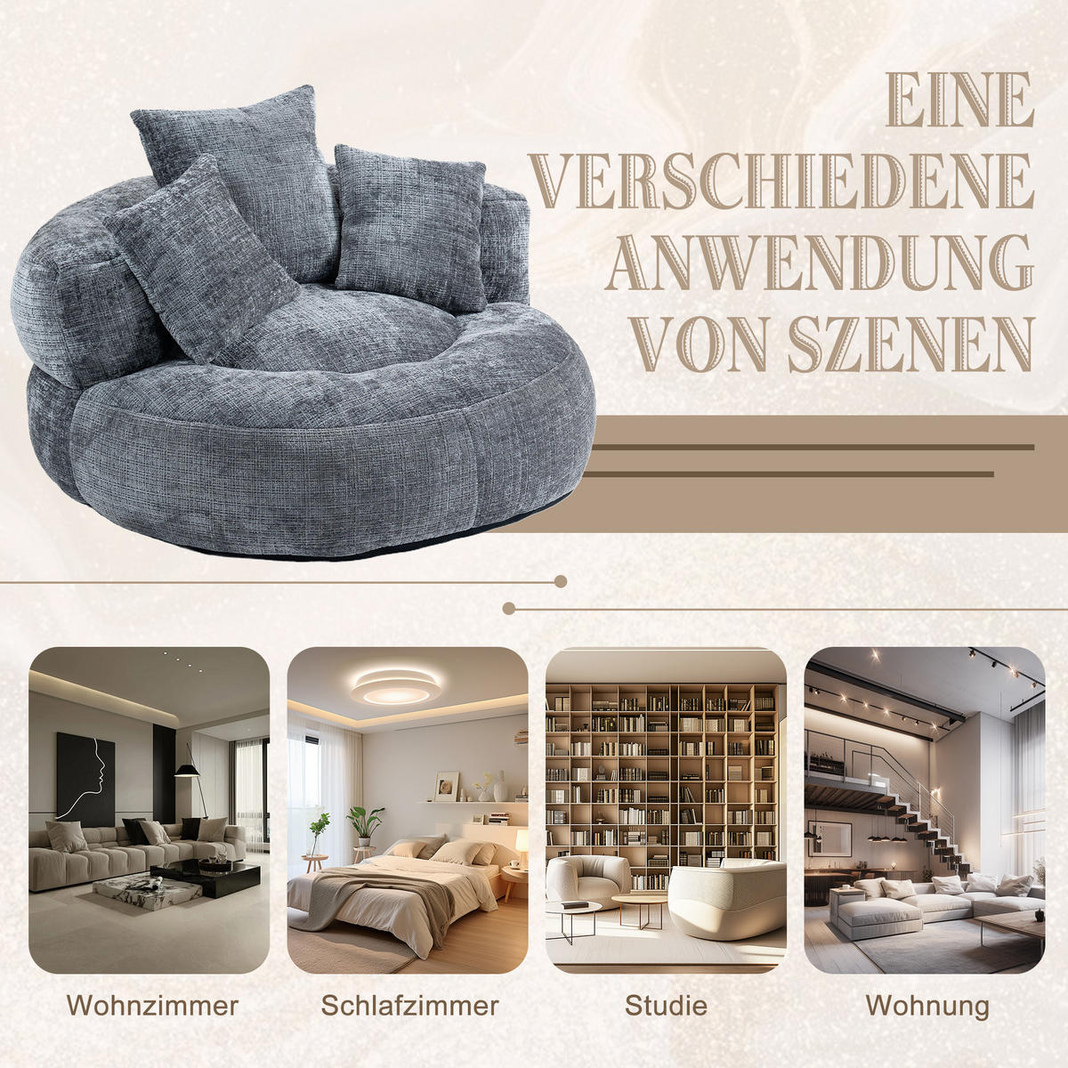 SESSEL 108/52/108 cm Grau aus Chenille - Grau, Textil (108/52/108cm) - OKMYHOME