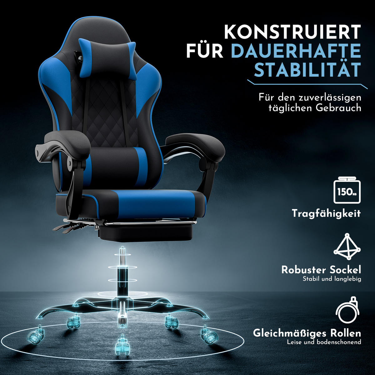 GAMINGSTUHL DE-40998 mit Lordosenstütze und Fußstütze Schwarz/Blau - Blau, Metall (58.5/120.5/63cm) - ComfortXL