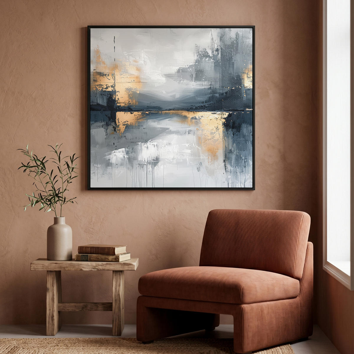 LEINWAND Bilder mit Rahmen - Kunst - Grau - Gold - Abstrakt - 90x90 - Dunkelgrau, Textil (90/90cm) - MuchoWow