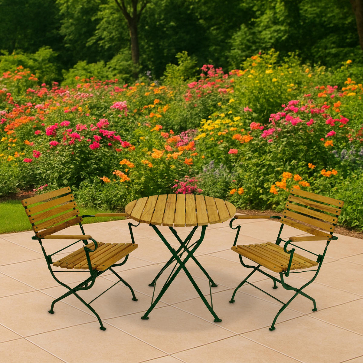 SITZGRUPPE Bad Belzig 3-teilig, Gartenset für 2 Personen - GartenSitzgruppe - Flachstahl - Robinienholz dunkelgrün - Grün, Holz - TPFGarden