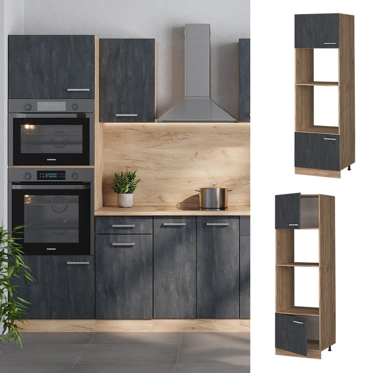 MIKROWELLENSCHRANK R-Line Schwarz Beton 60 cm - Honigeiche/Eiche Wotan, Holzwerkstoff (60/206.8/57.2cm) - Vicco
