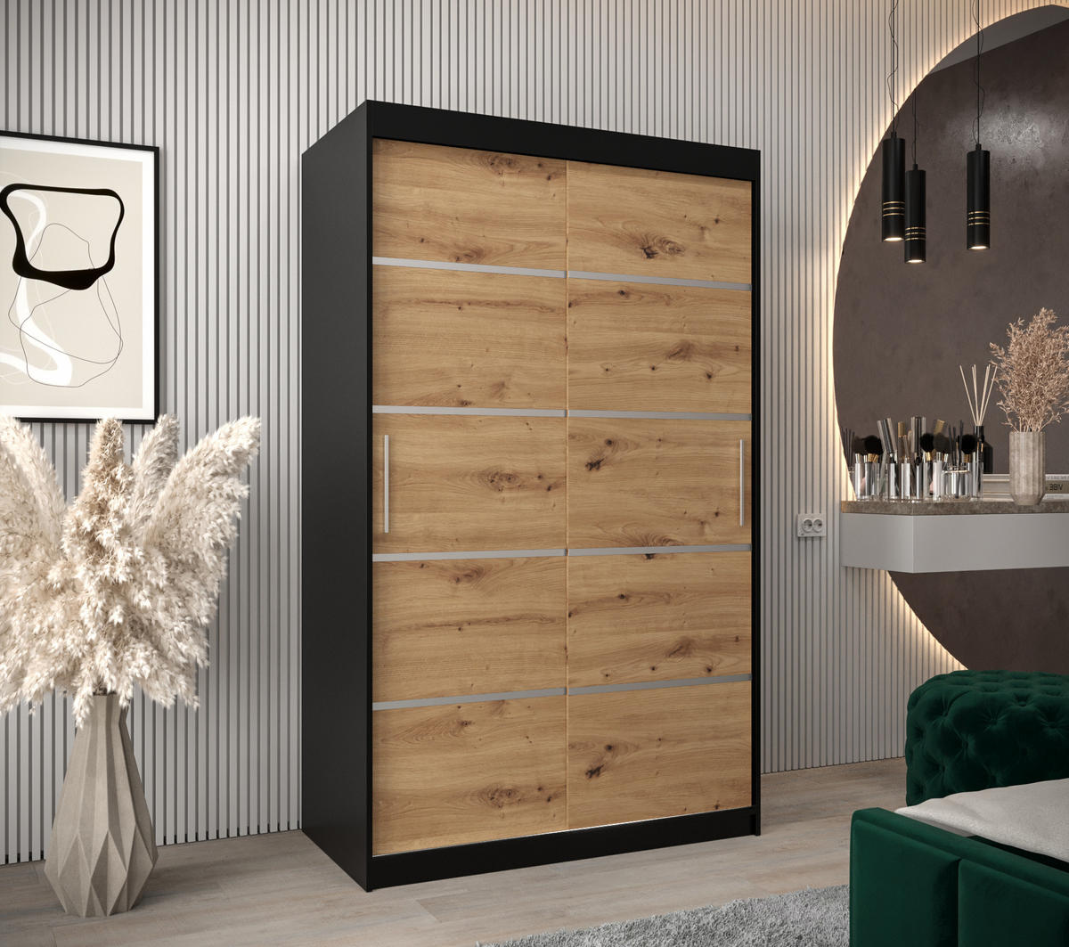 SCHWEBETÜRENSCHRANK 200/120/62 2-türig - Silberfarben/Schwarz, Holz/Kunststoff (120/200/62cm) - Abiks Möbel
