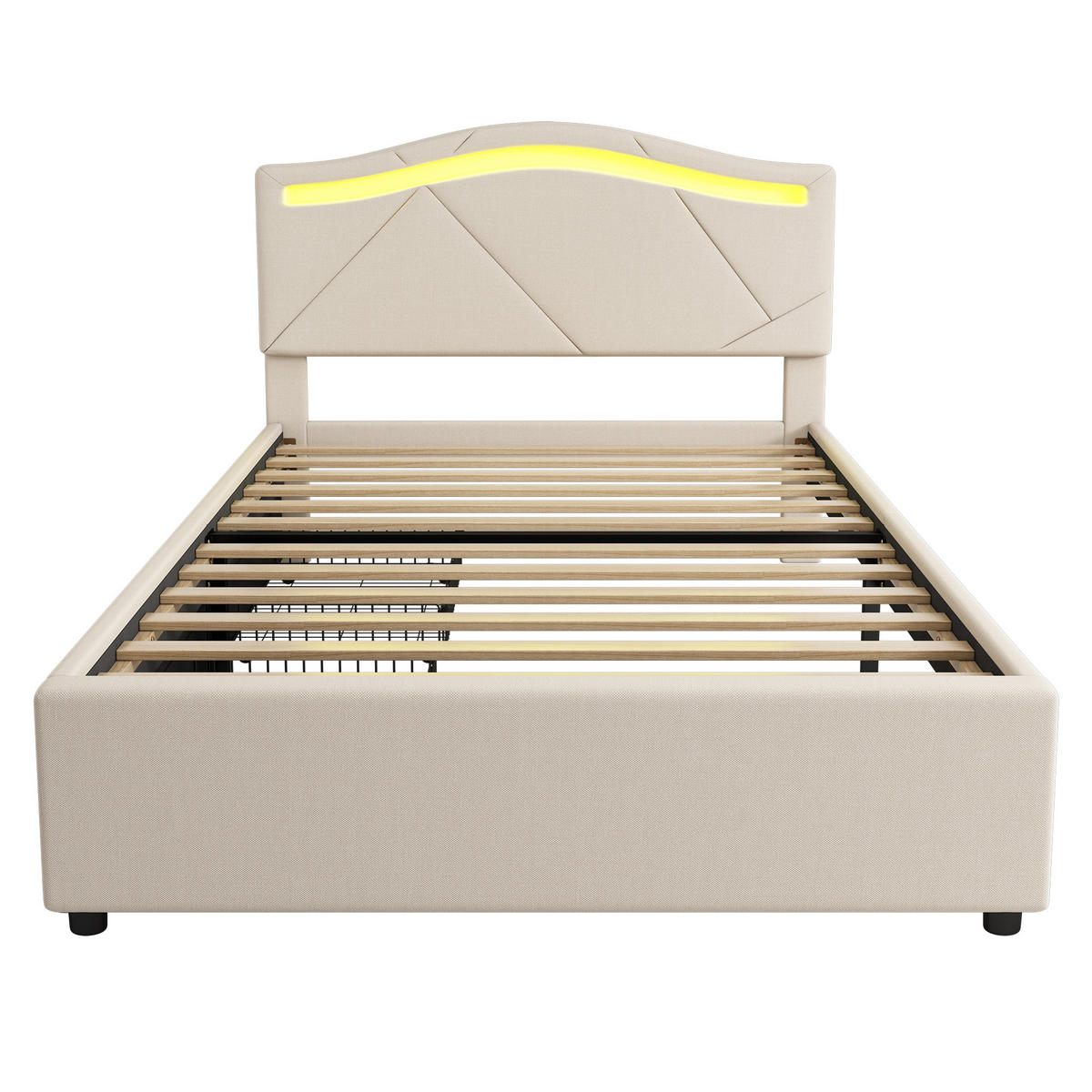 POLSTERBETT 90x200cm Beige Leinen Fernbedienung 2 Schubladen Kopfteil - Beige, Holz (90/200cm) - FLIEKS