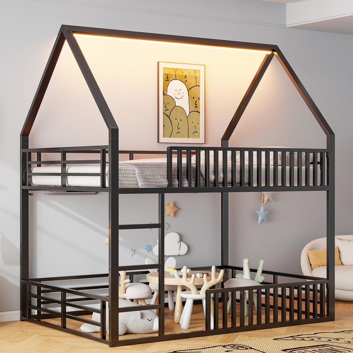 ETAGENBETT mit Hausform 140/200 cm, Schwarz mit LED-Licht - Schwarz, Metall (140/200cm) - MIVRAY