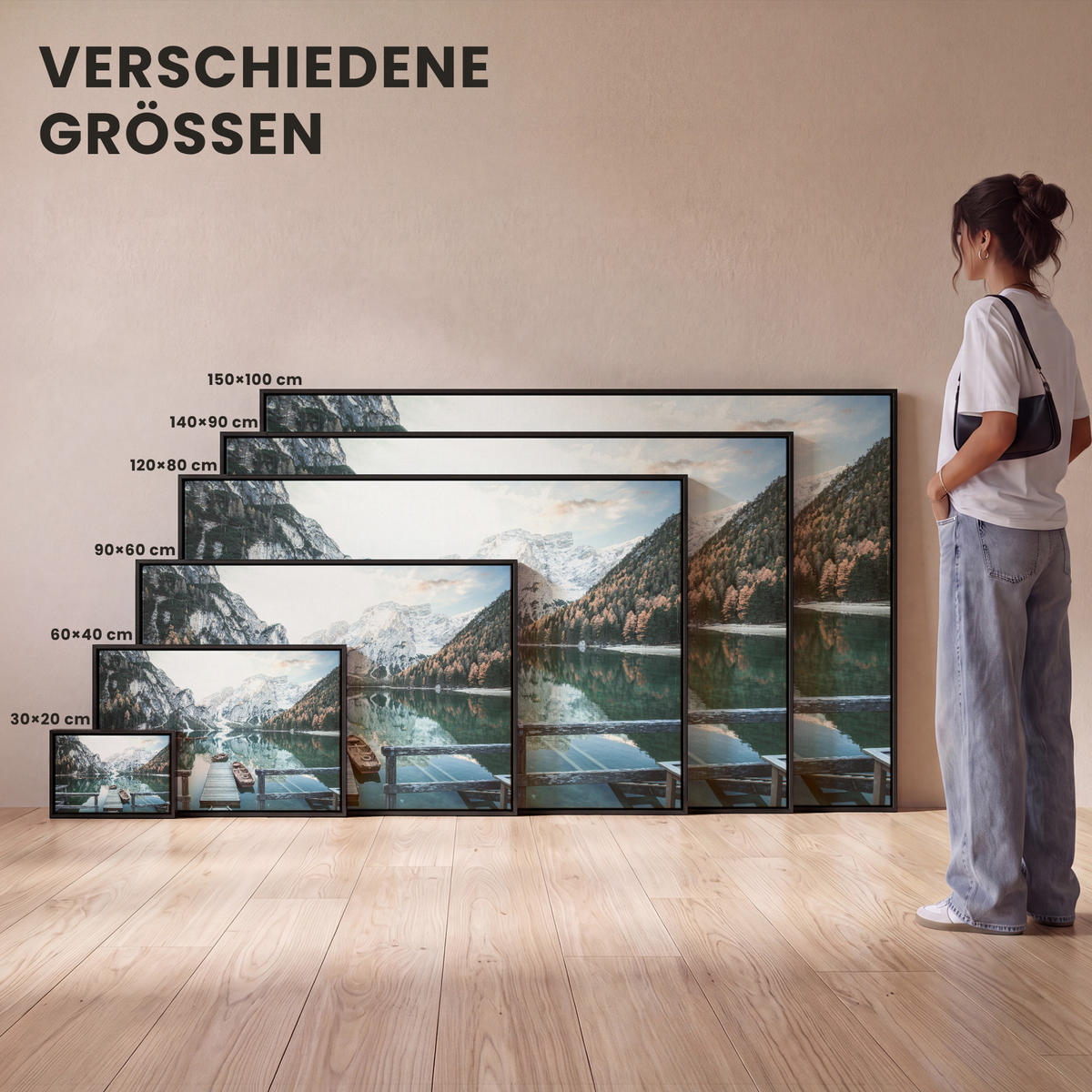 LEINWAND Bilder mit Rahmen - Natur - Berge - Schnee - Wald - Boot - 140x90 - Hellgrün, Textil (140/90cm) - MuchoWow