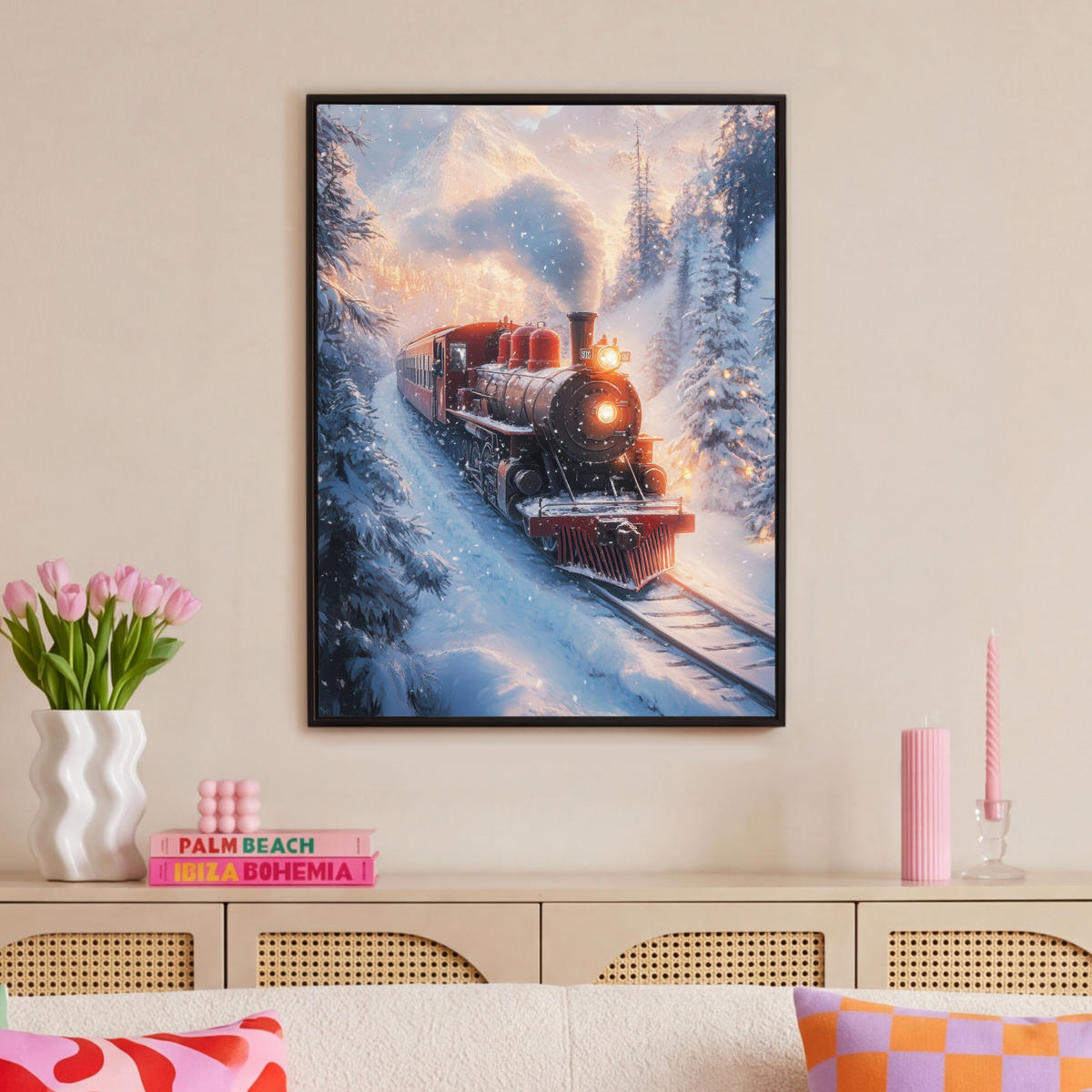 LEINWAND Bilder mit Rahmen - Weihnachtszug - Schnee - Winter - Weihnachten - 70x100 - Dunkelrot, Textil (70/100cm) - MuchoWow