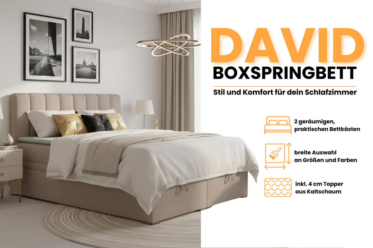BOXBETT DAVID 180/200 Velour Beige mit einer Matratze H4 - Beige, Holz/Holzwerkstoff (180/200cm) - Deine Möbel 24