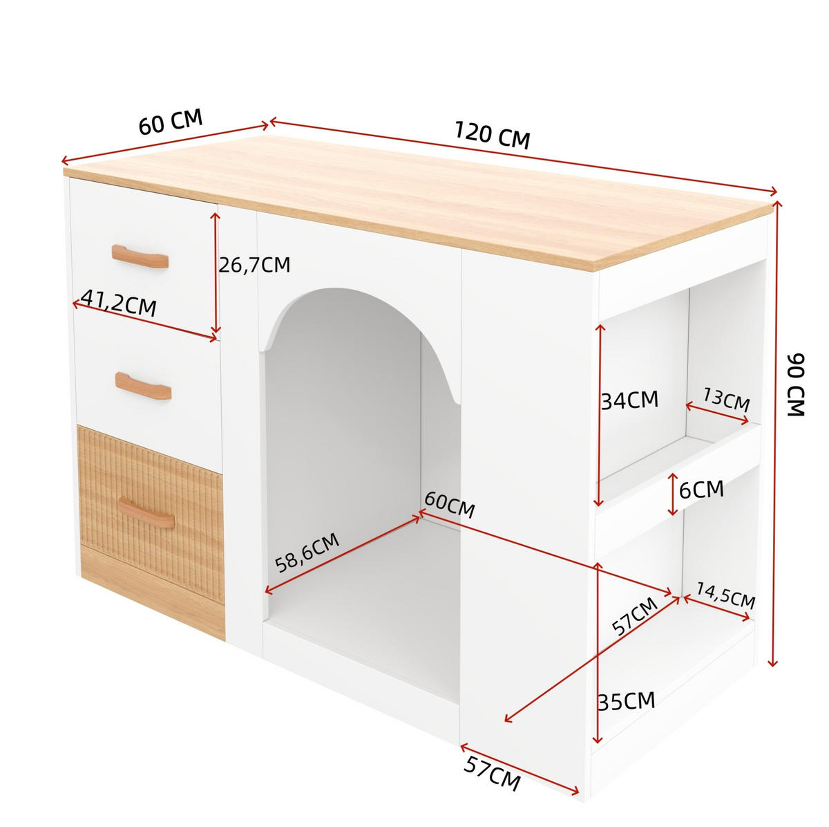 KÜCHENINSEL mit 3 Schubladen und Hundebereich 120 x 60 x 90 cm Weiß - Weiß, Holz (60/90/120cm) - Beauniv