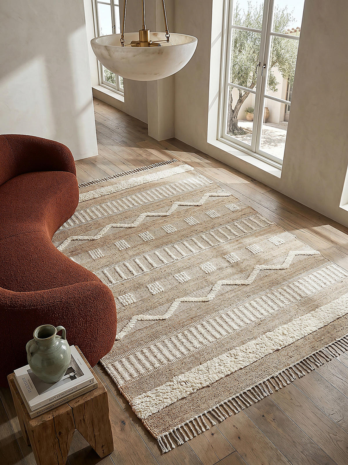 TEPPICH Hoch-Tief Struktur Gestreift, Ethno-Stil, mit Fransen wendbar, Esszimmer Natur-Weiß Rechteckig 160x230 - Weiß, Textil (230/160cm) - KADIMA DESIGN