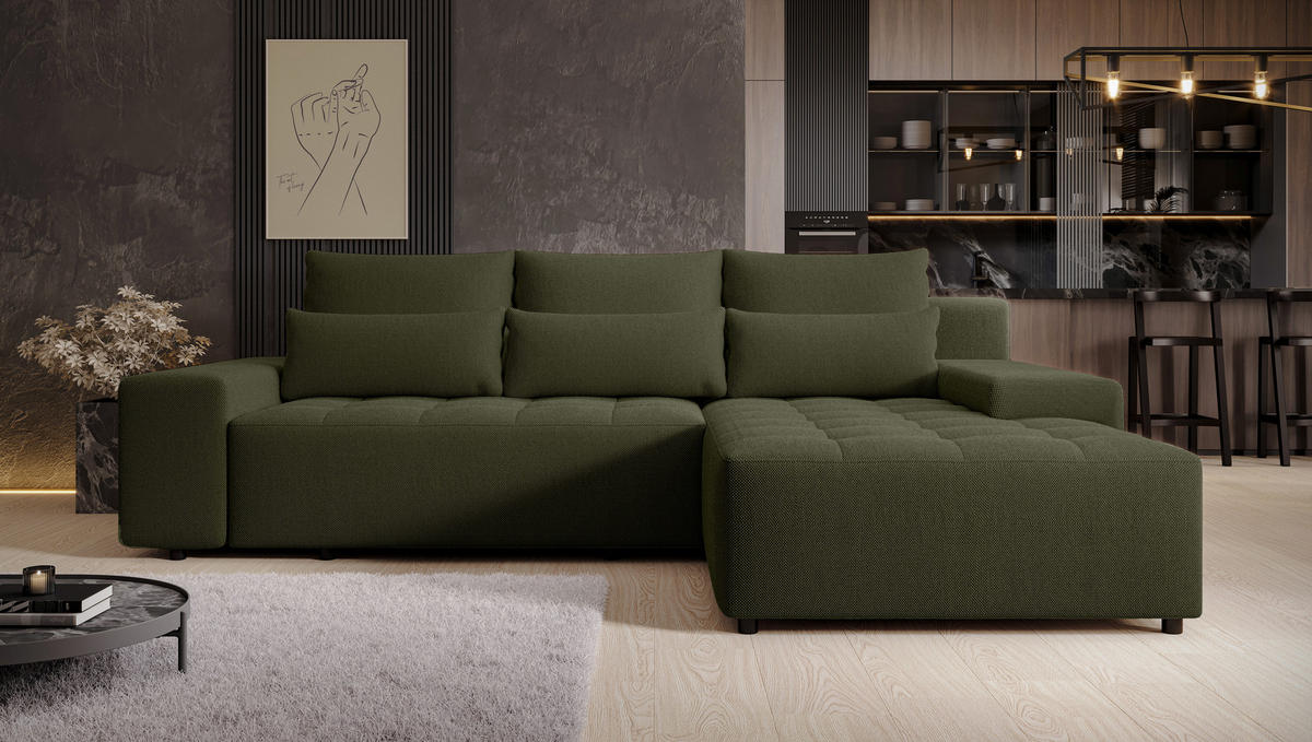ECKSOFA L Form Alvorada Dunkelgrün 280/184/88 cm – modernes Sofa fürs Wohnzimmer - Dunkelgrün/Schwarz, Kunststoff/Textil (280/184cm) - AX Living