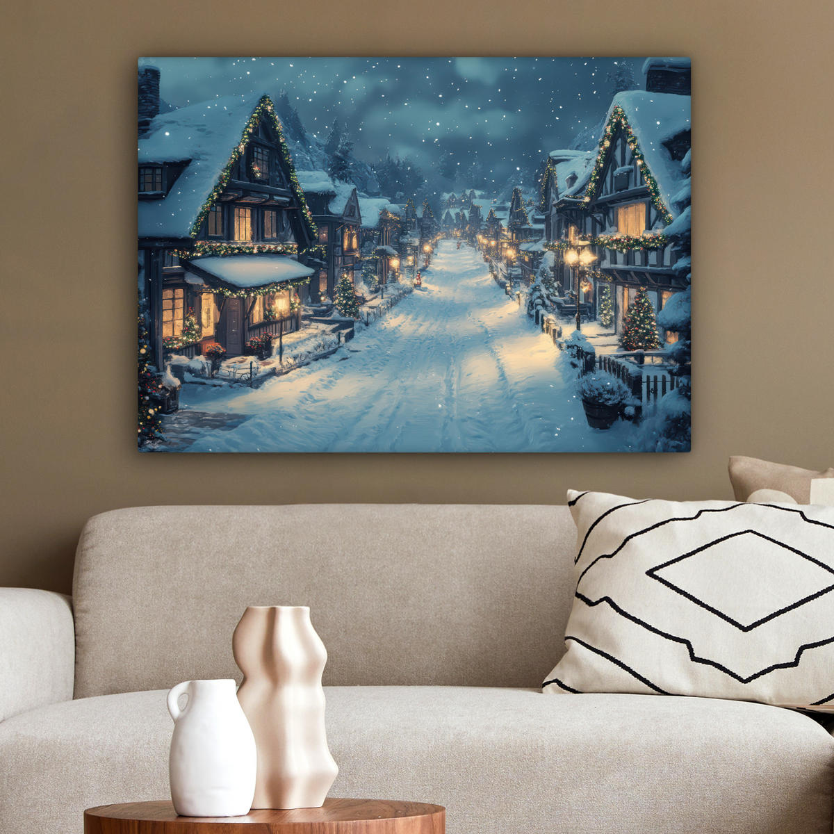 LEINWANDBILD Weihnachtsdorf - Weihnachten - Schnee - Winter Wandbilder 80x60 cm - Dunkelblau, Textil (80/60cm) - MuchoWow