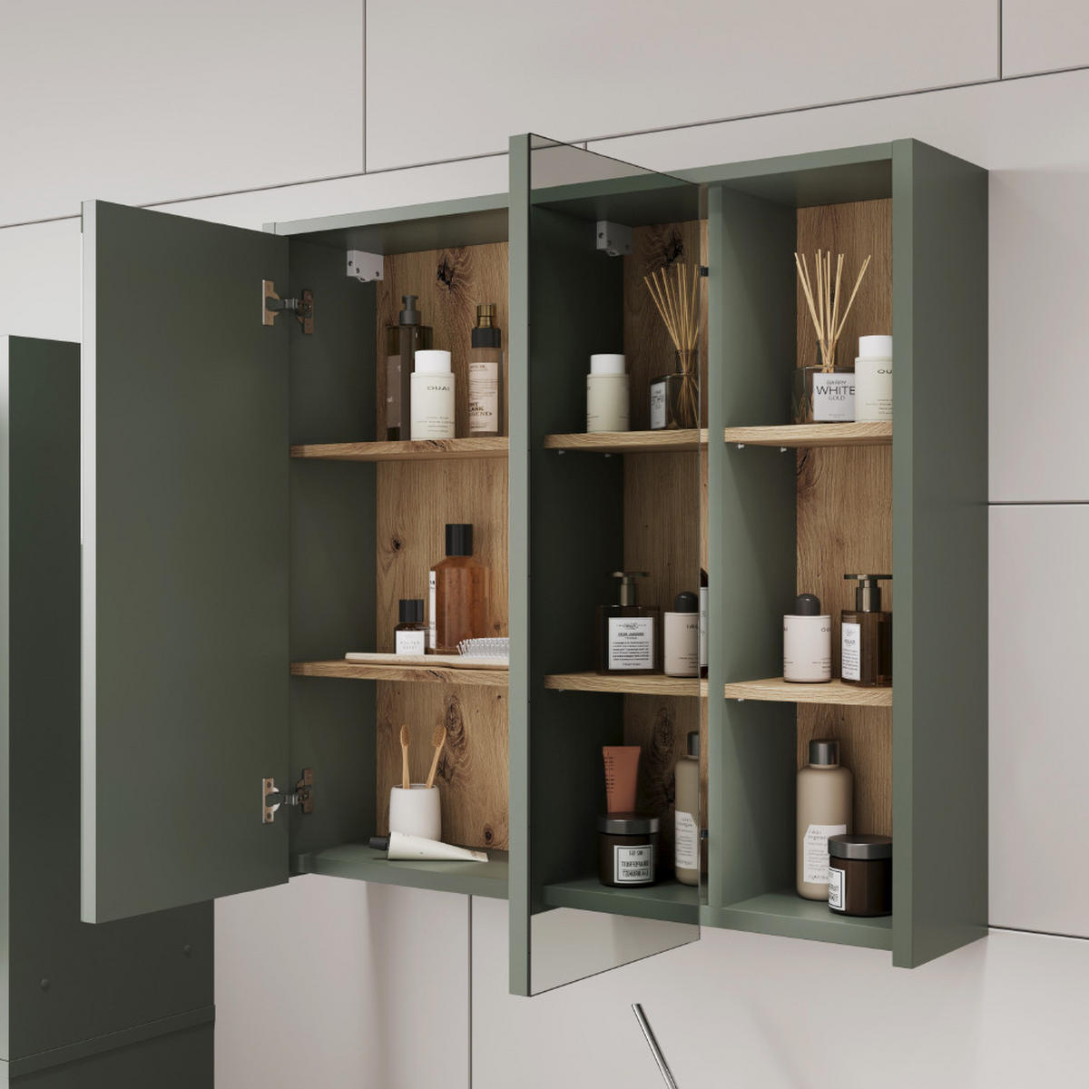BADSPIEGELSCHRANK Viola Grün/Artisan 80 x 75 cm mit offenen Regalen - Eiche Artisan/Grün, Holzwerkstoff (80/75/18cm) - Vicco
