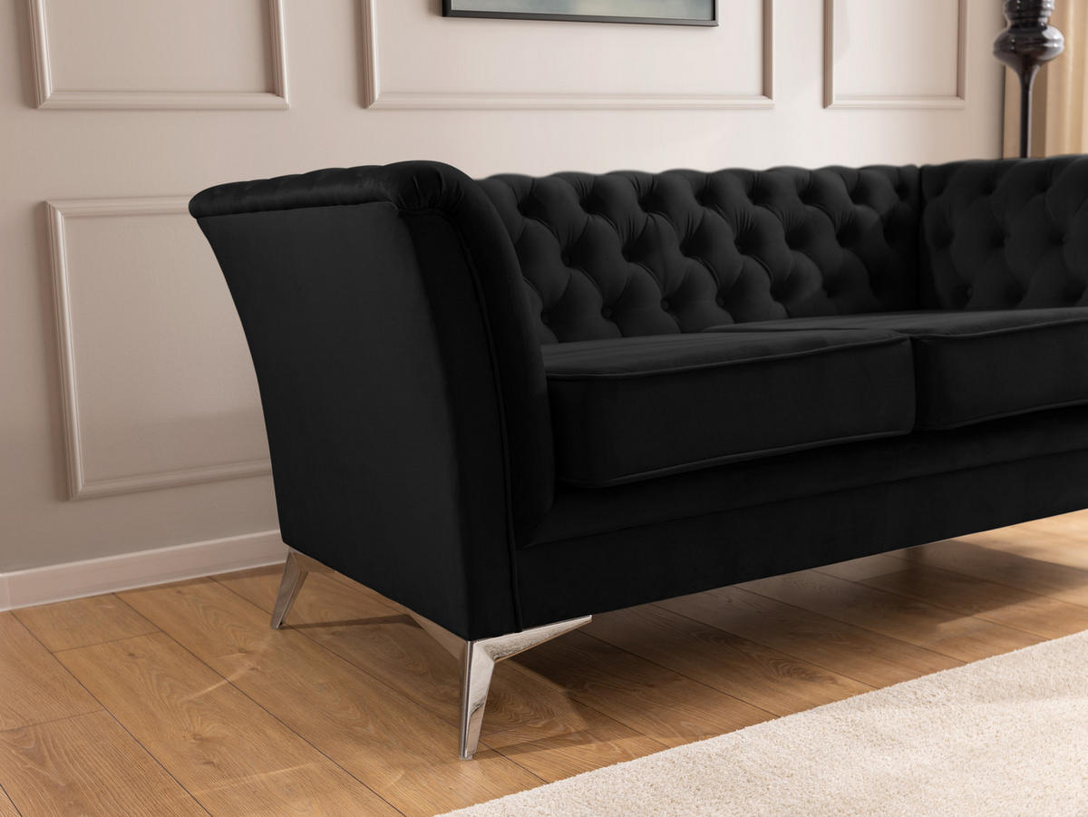 CHESTERFIELD-SOFA 3-sitzer Whitby Schwarz Samt mit silbernen Füßen - Silberfarben/Schwarz, Holz/Textil (237/78/82cm) - S-Style Möbel
