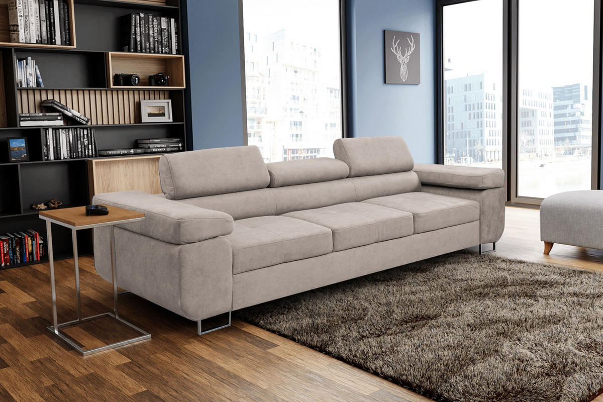 SOFA Marlene II 274 x 97 cm, mit verstellbaren Kopfstützen Schlaffunktion Wohnzimmersofa 3 Sitzer, beige - Beige, Kunststoff (274/87/97cm) - Margaret Hadas24