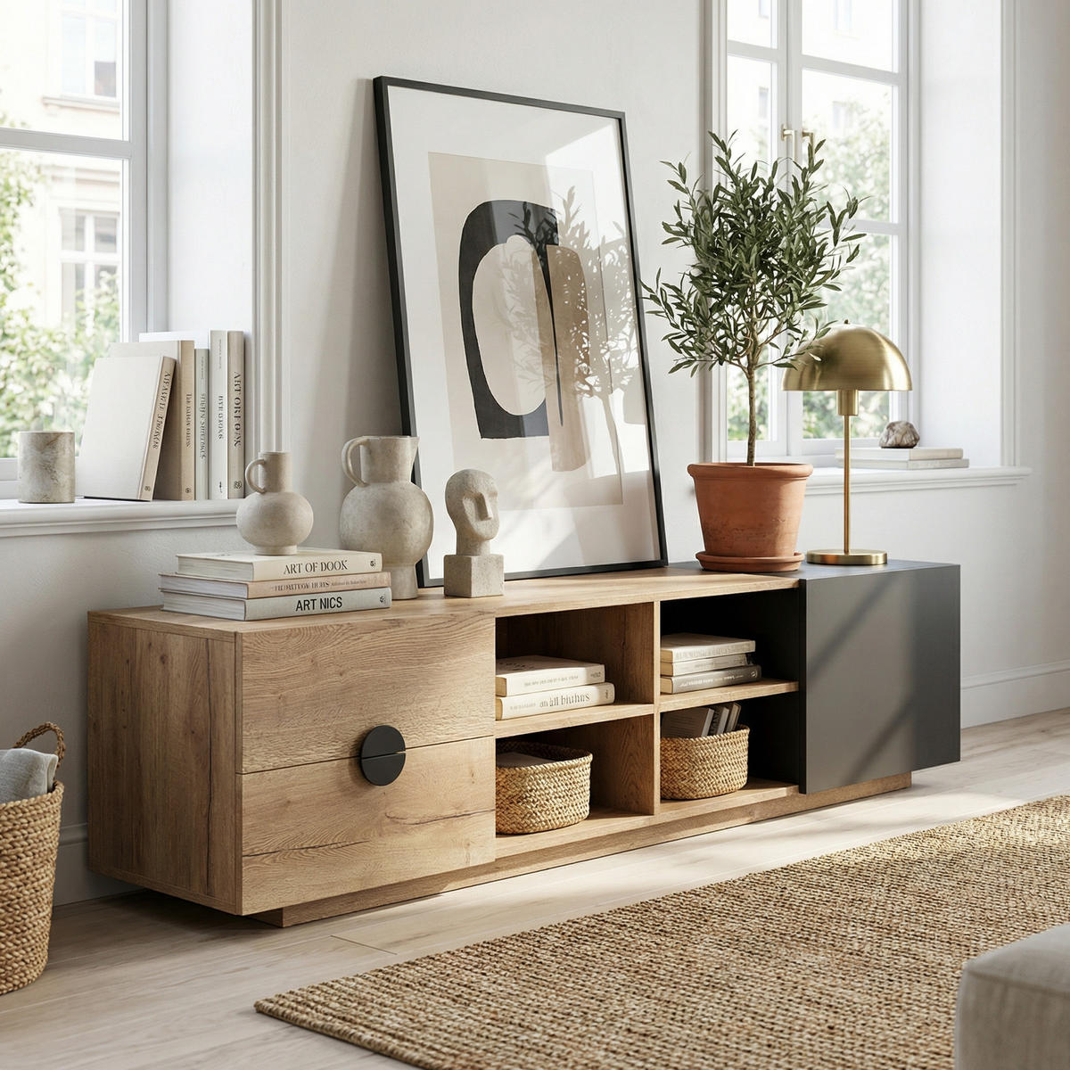 TV-SCHRANK 180 cm Holz & Schwarz mit Schublade, offenen Fächern und Schrank - Schwarz, Holzwerkstoff (180/47/38.5cm) - Urban Meuble