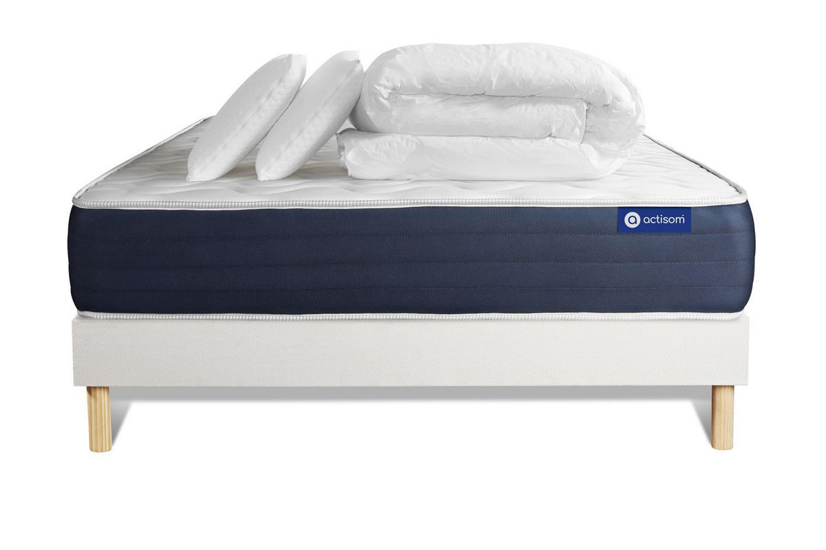 BETT Actiflex sleep Taschenfederkern und Memory-Schaum 180 x 200 cm h2 - Kit Bettgestell Weiß - Mit Kissen und Bettdecke - Beige/Weiß, Holz/Textil (180/200cm) - ACTISOM