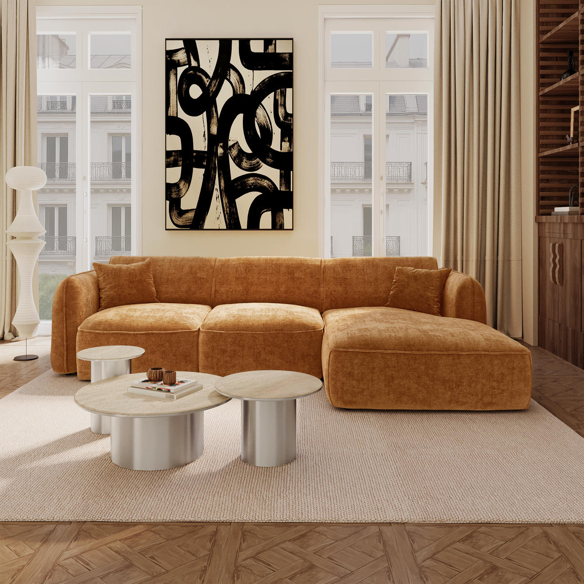 ECKSOFA rechtwinklig LOMI Geprägter Samt Karamell 274cm - Braun, Textil (274/174cm) - Premium Interiors