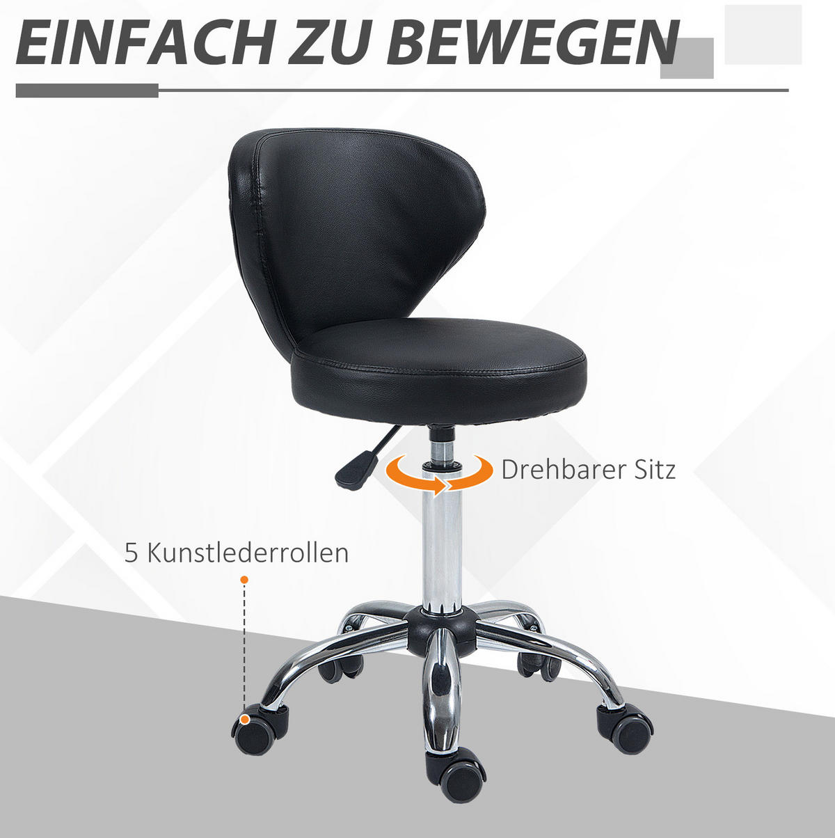 DREHSTUHL 45/54/88 cm schwarz aus Kunstleder drehbar mit Lehne - Schwarz, Leder (45/88/54cm) - OKWISH