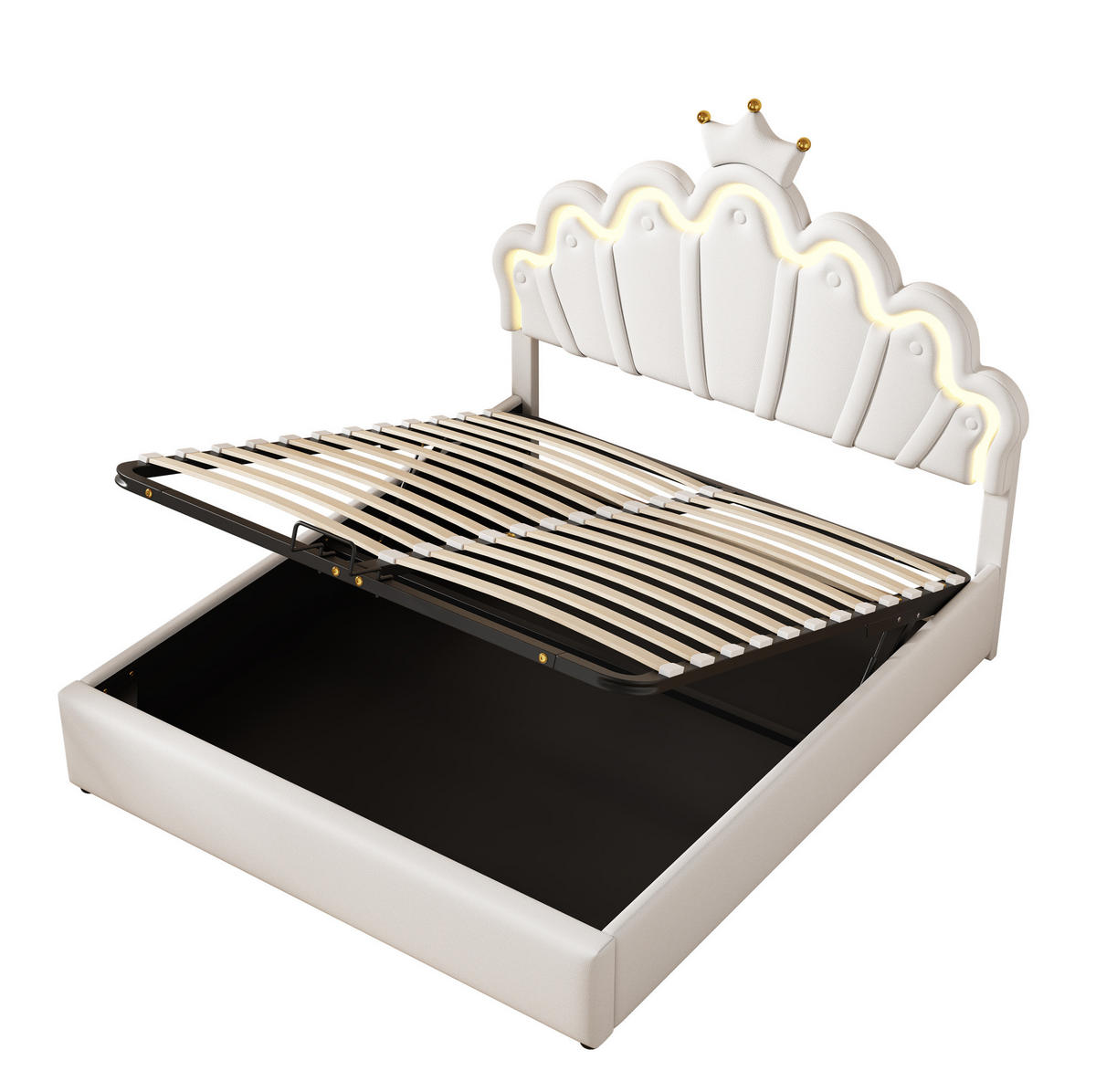 TAPECIRANI krevet 140/200 cm bijeli od PU umjetne kože s LED rasvjetom i spremištem - bijela, plastika (140/200cm) - OKWISH