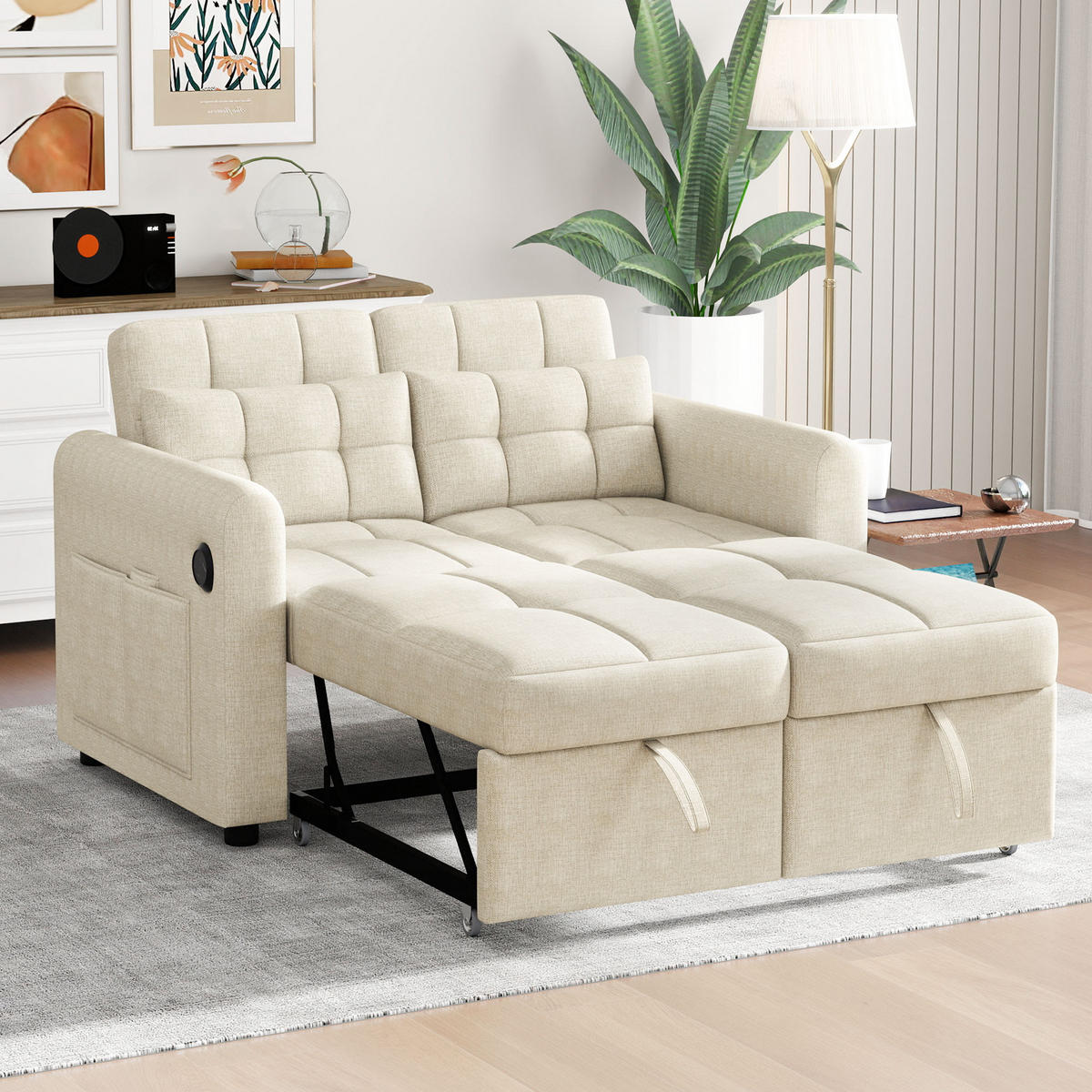 SCHLAFSOFA 142/85/83 cm Beige mit USB, Armlehnentaschen und Kissen - Beige, Textil (142/83/85cm) - Oxeza