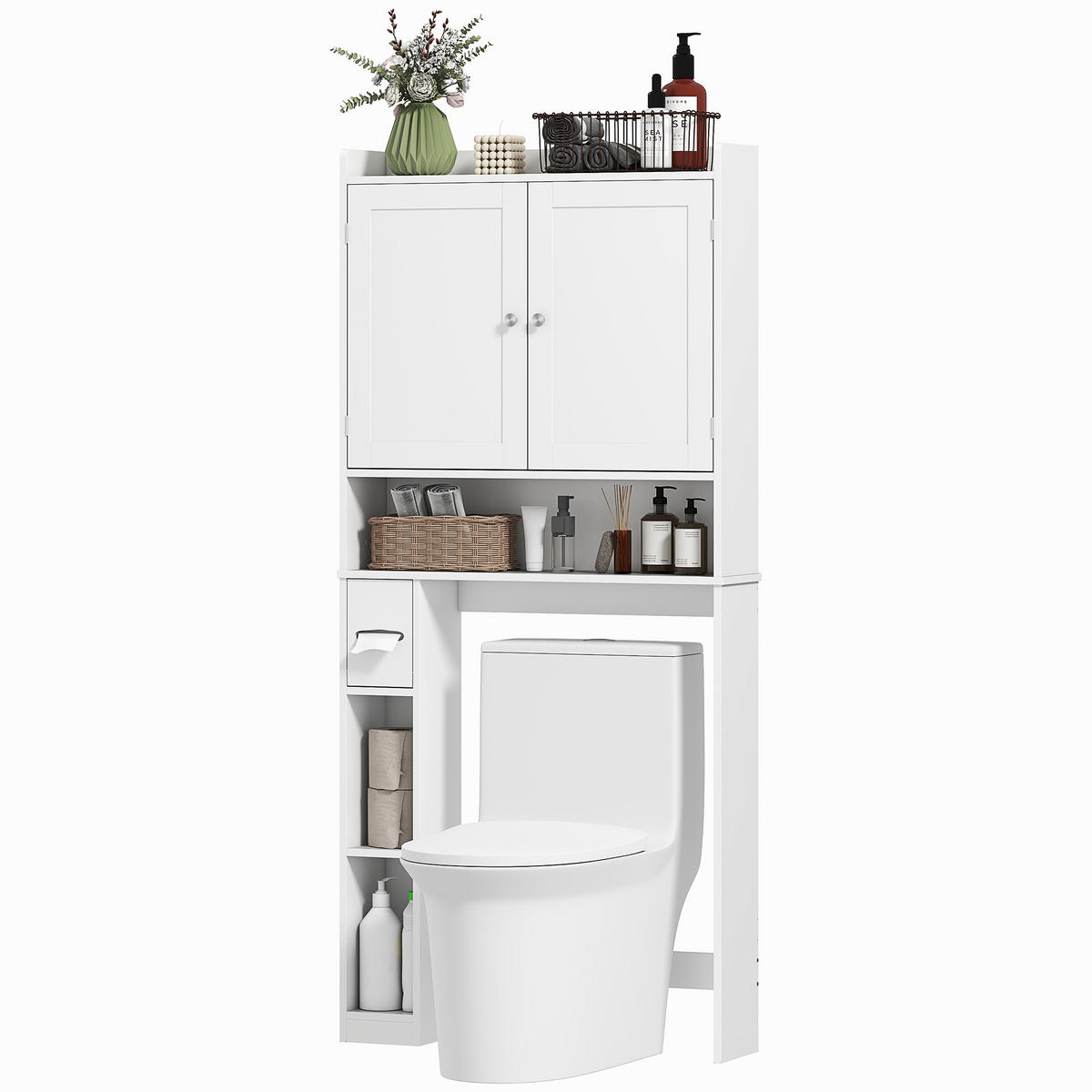 BADEZIMMERREGAL DE-15932 mit Toilettenpapierhalter Weiß - Weiß, Holzwerkstoff (19.5/170/80cm) - ComfortXL