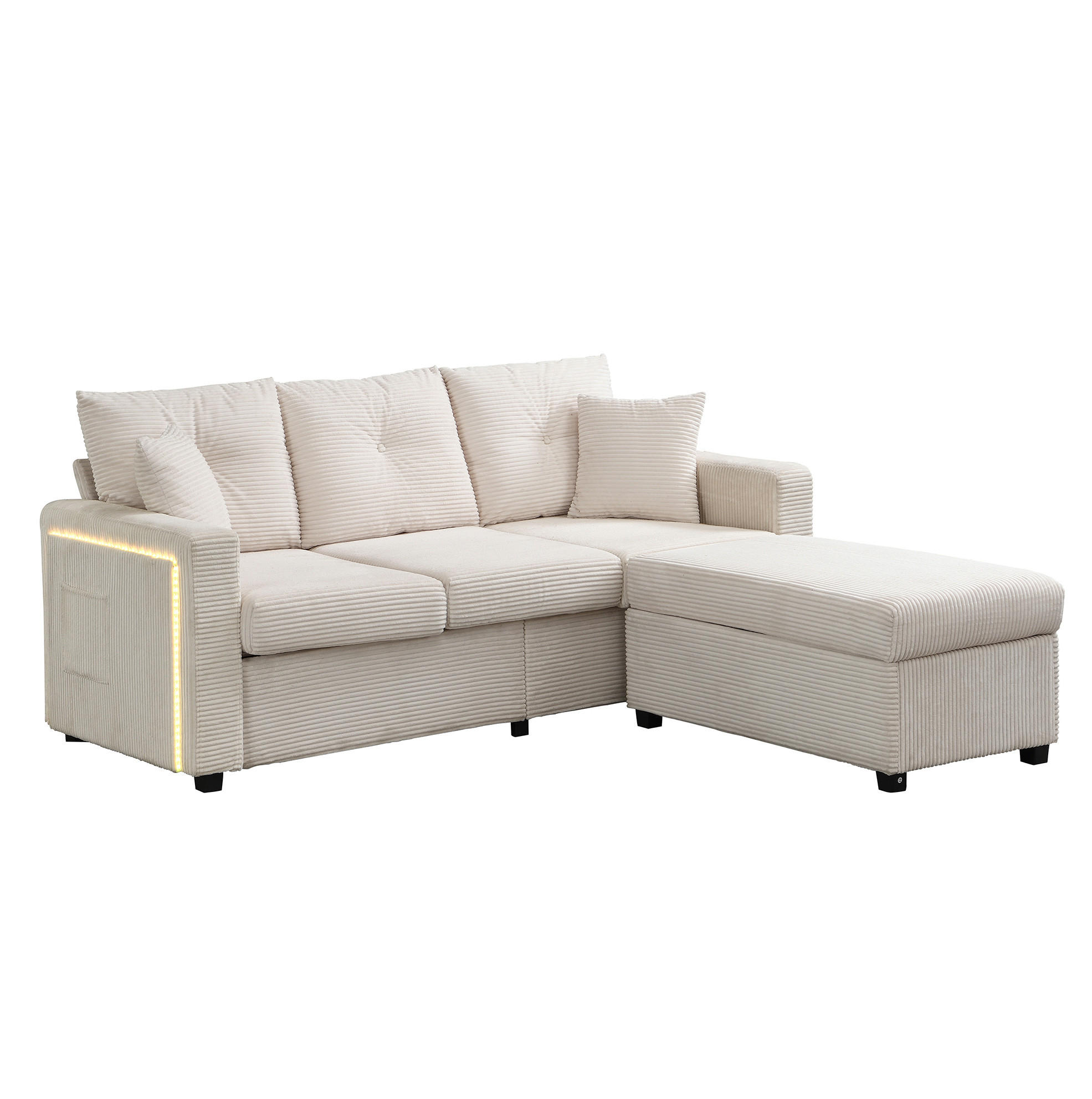 SOFA L-Form mit LED und Hocker Cord Beige 5-Kissen-Set - Beige, Kunststoff (184/84.5cm) - IVMEU