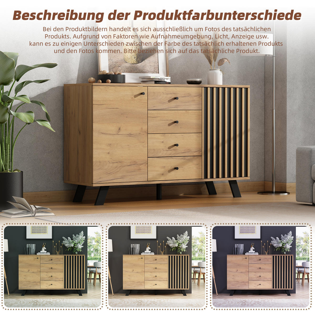 SIDEBOARD aus MDF 120x38x75 cm Schwarz/Naturholz mit 4 Schubladen und 2 Schränken - Schwarz, Holzwerkstoff (120/75/38cm) - IVMEU