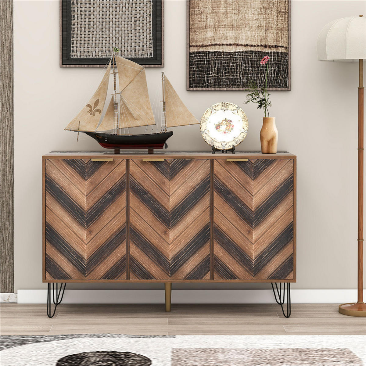 SIDEBOARD 120/76,5/38 cm mit 3 Türen Massivholzfurnier Gold Griffe - Braun, Holz (120/76.5/38cm) - Kaket