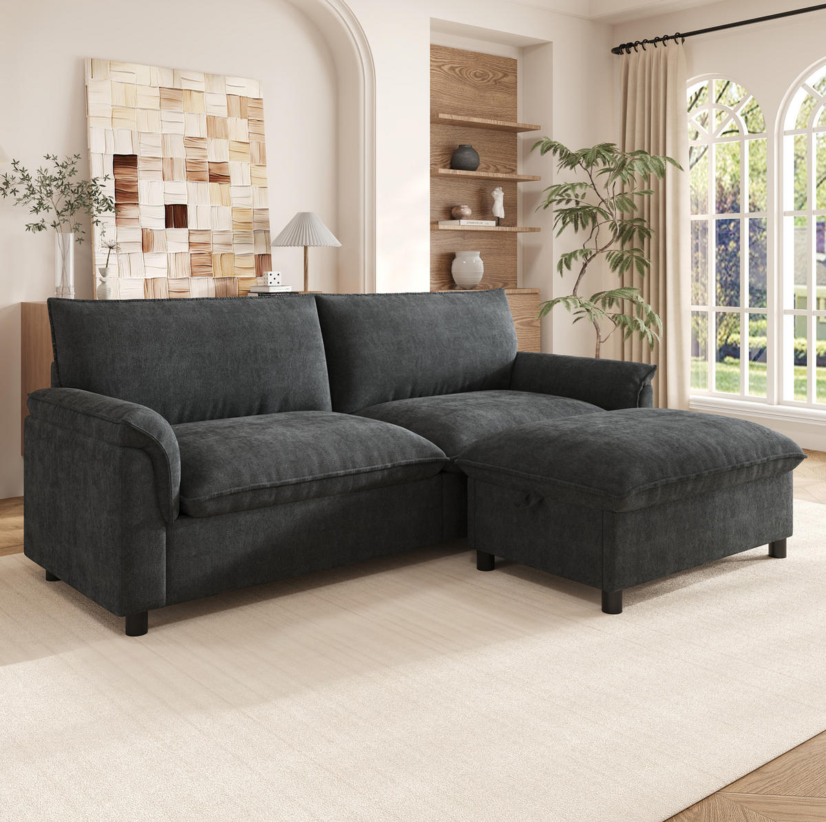 SOFA mit Hocker und Stauraum B 216 x T 77 x H 82 cm Chenille Black - Schwarz, Holzwerkstoff (77/216cm) - Meubliv