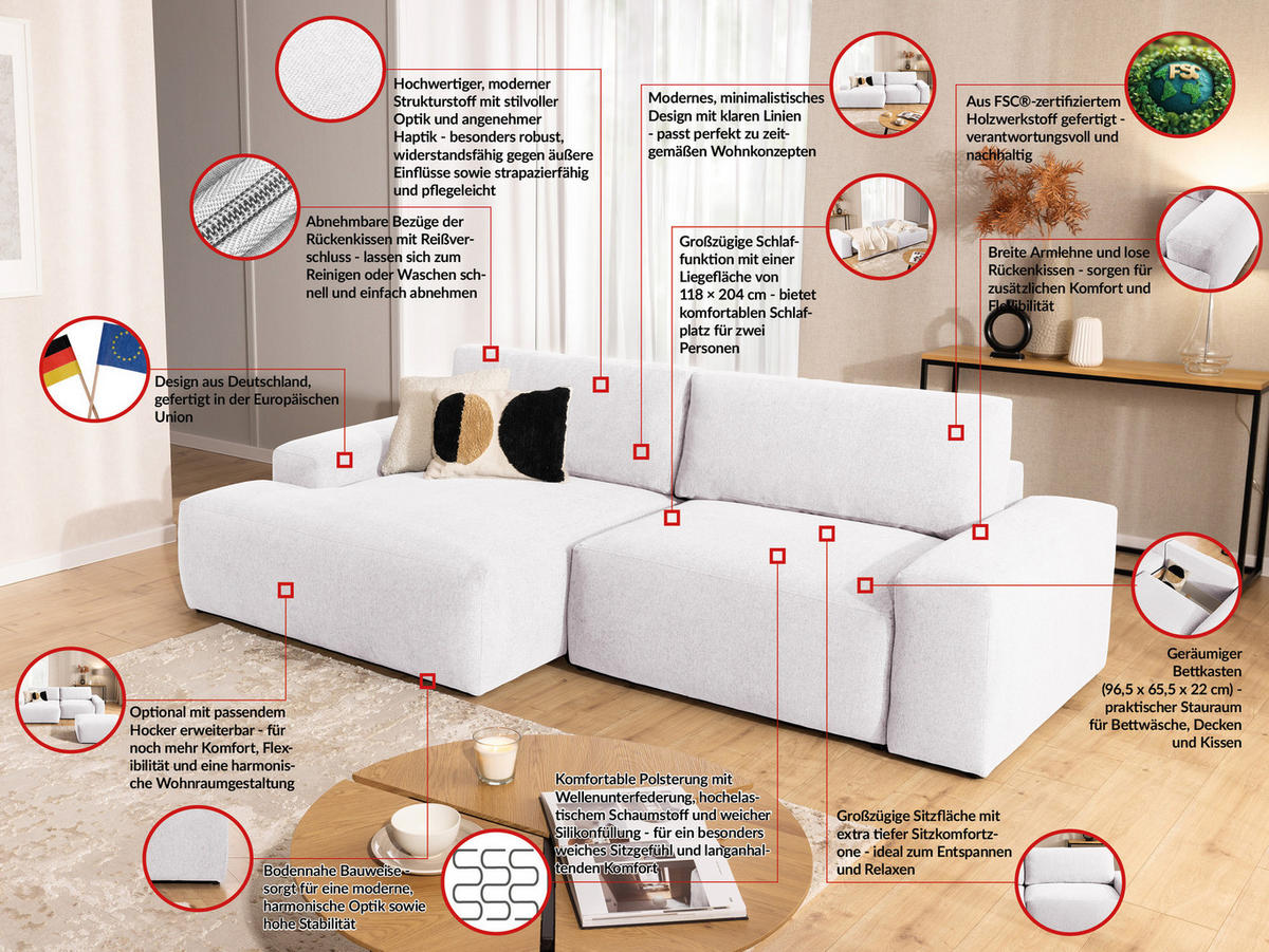 ECKSOFA Lennon aus Creme Strukturstoff mit Schlaffunktion und Bettkasten - Creme/Schwarz, Holz/Kunststoff (137/264cm) - S-Style