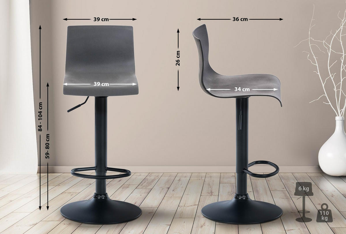 BARHOCKER Kunststoff grau - Schwarz/Grau, Kunststoff/Metall (39/84/36cm) - CLP