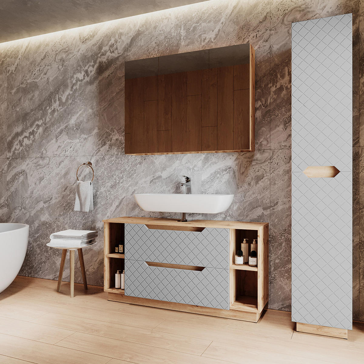 KOUPELNOVÝ NÁBYTEK Lotta Dub/šedá se strukturou dlaždic - šedá/barva dubu, kompozitní dřevo (119.2/62.5/35cm) - Vicco