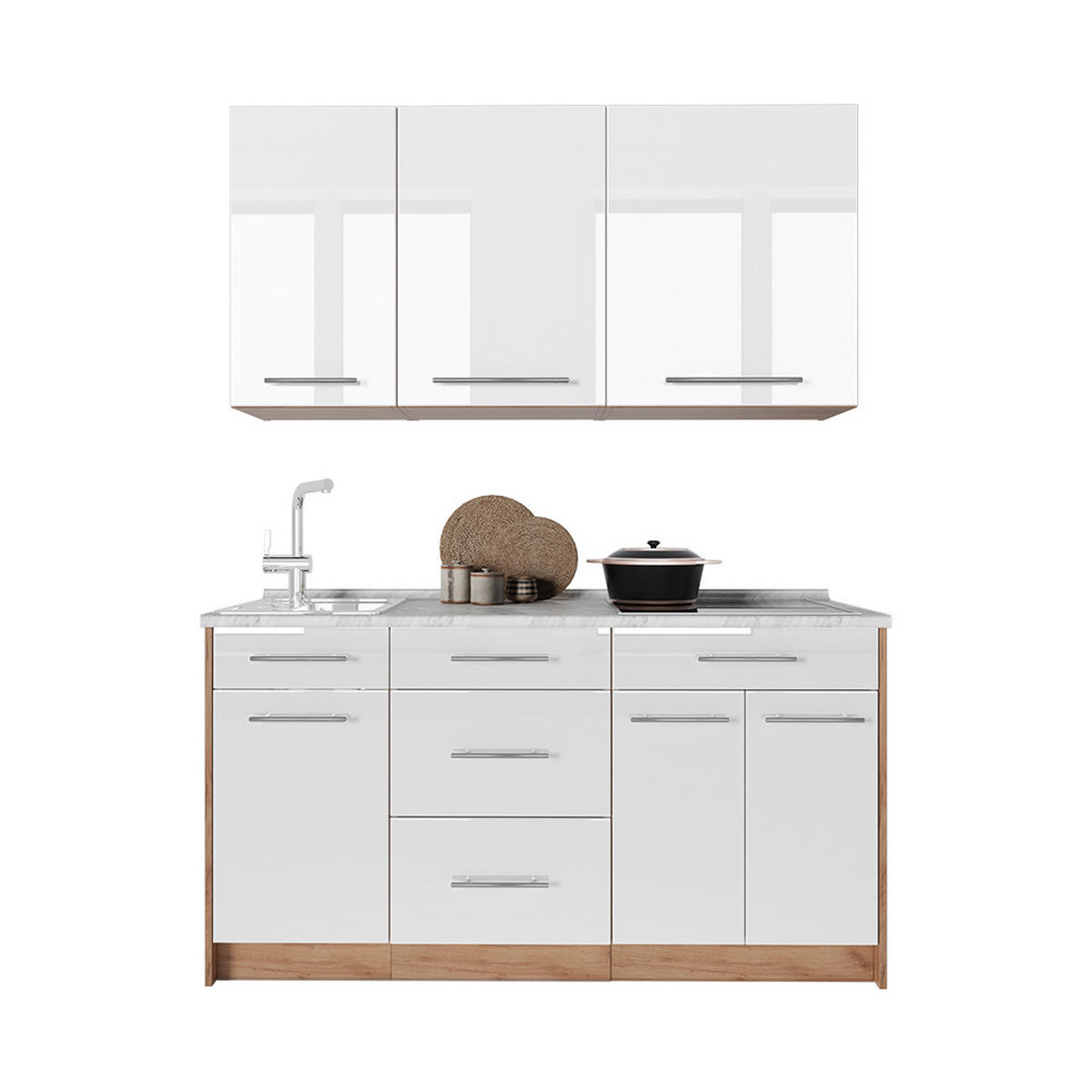 SAMOSTATNÁ KUCHYŇA Fame-Line, Biely vysoký lesk/Dub Goldkraft, 150 cm, AP Marble - biela s vysokým leskom/dub medový, kompozitné drevo (150/82/60cm) - Vicco