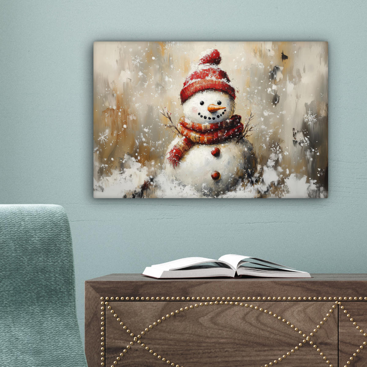 LEINWANDBILD Schneemann - Winter - Schnee - Beige Deko Schlafzimmer 30x20 cm - Weiß, Textil (30/20cm) - MuchoWow