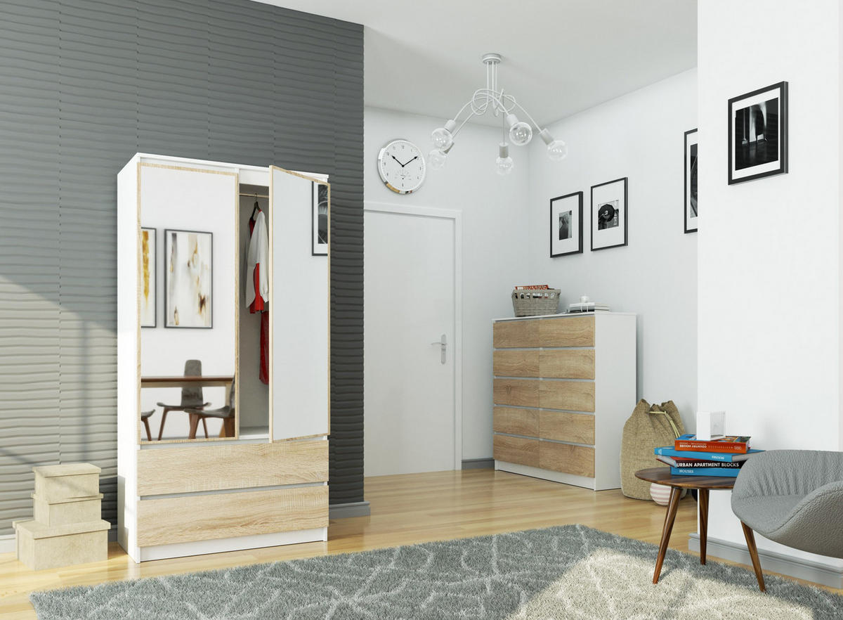KLEIDERSCHRANK mit Spiegel Weiß, Sonoma Eiche 180x51x90 cm - Weiß/Sonoma Eiche, Holzwerkstoff (180/180/51cm) - Akord